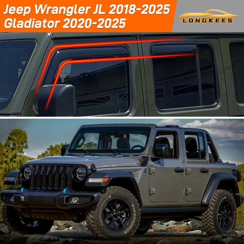 LONGKEES in-Channel Window Visors Rain Guards FIT Jeep Wrangler JL 2018-2025/Gladiator 2020-2025 (2018-2025) – 4-Piece in-Channel Dark-Smoke Polycarbonate Vent Deflectors - Image 2